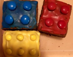 LEGO brownie dessert frosted M&Ms brick block
