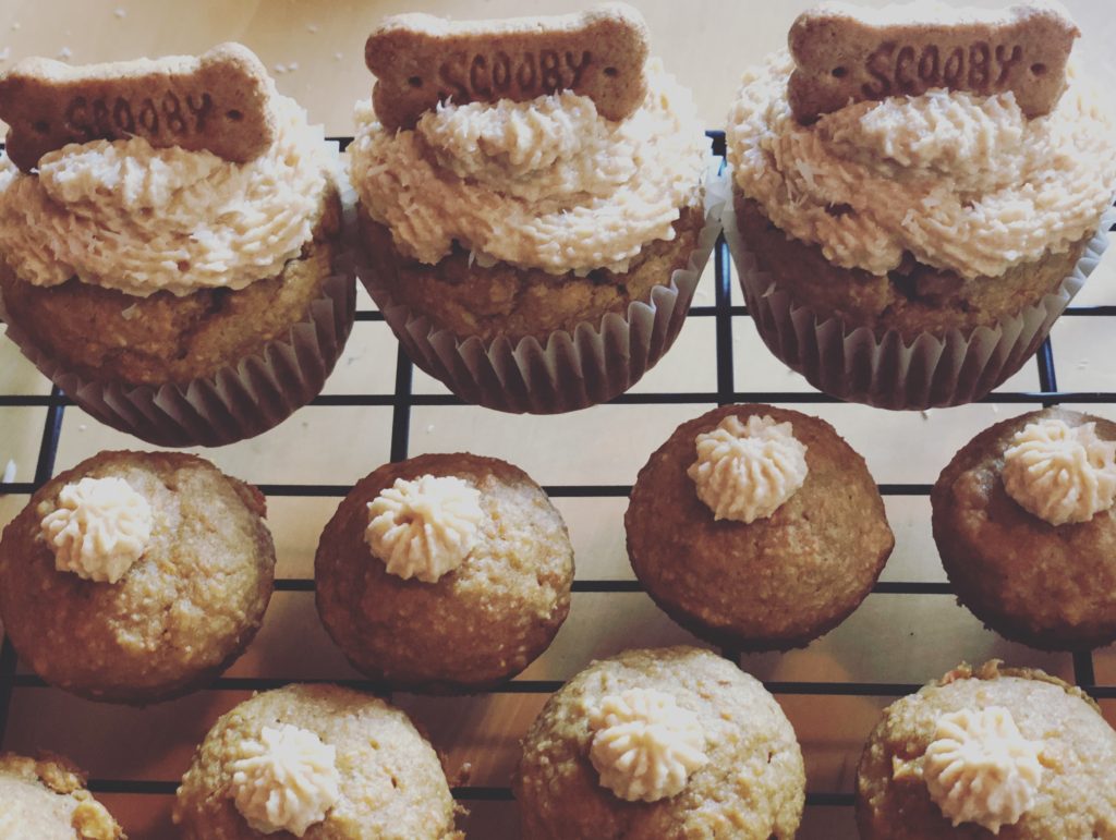 Frosted healthy peanut butter banana cupcakes pupcakes dog birthday cake