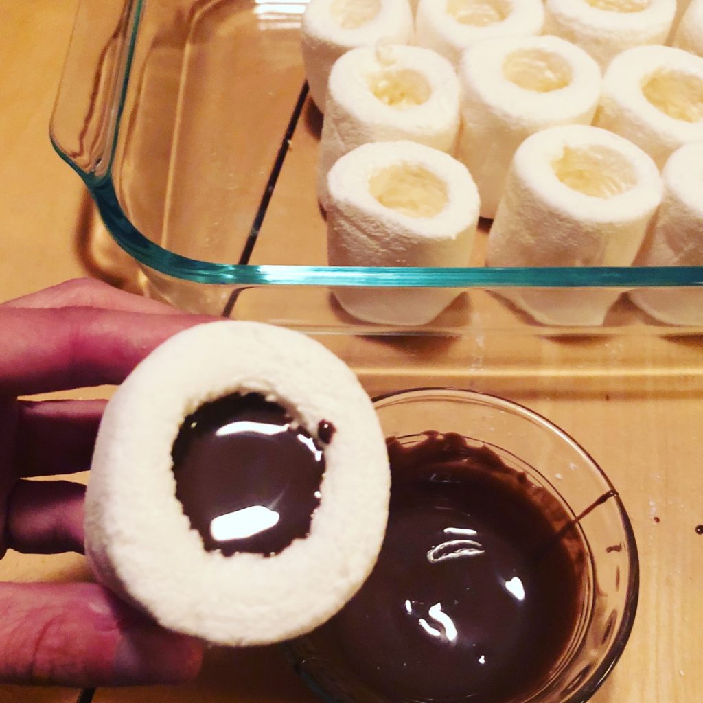 Chocolate dipped marshmallow s'mores shooter