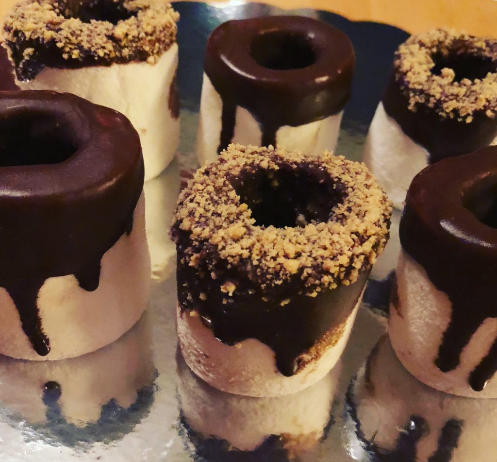 Grownup s'more shots chocolate-dipped marshmallow
