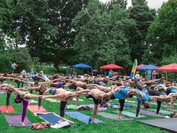 Yoga festival outdoors Morton Arboretum Root to Rise warrior pose group