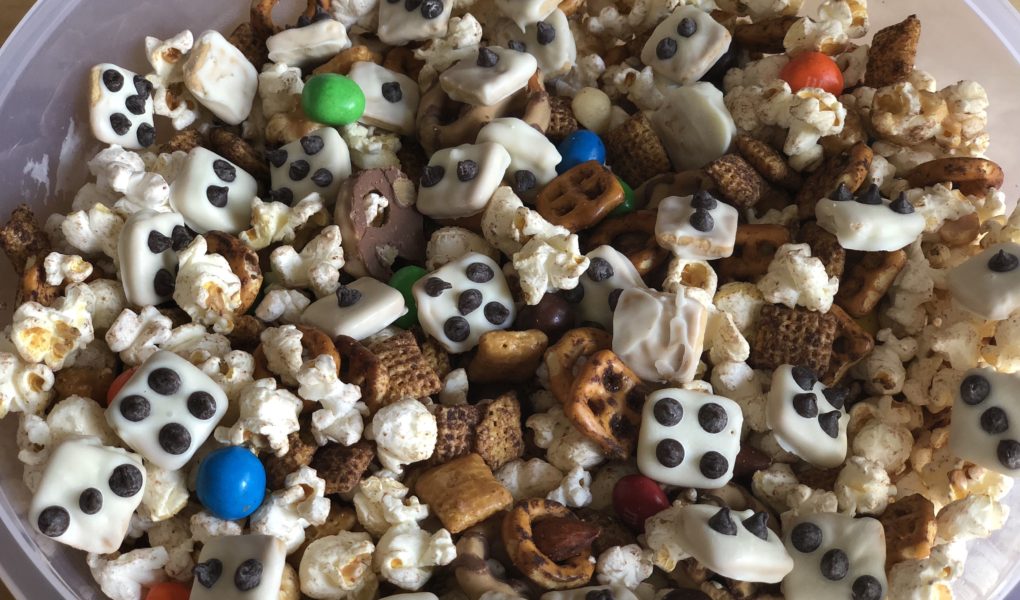 Trail mix pretzels popcorn M&Ms white chocolate dice Game Night