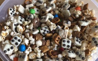 Trail mix pretzels popcorn M&Ms white chocolate dice Game Night