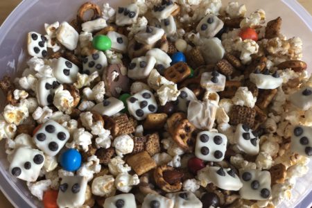 Trail mix pretzels popcorn M&Ms white chocolate dice Game Night