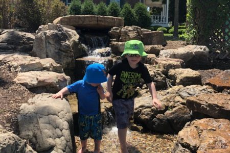 Brothers holding hands walking in natural creek