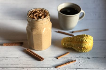 Healthy Pumpkin Spice Latte Smoothie: High protein, clean eating, no added sugar breakfast smoothie recipe with hidden veggies