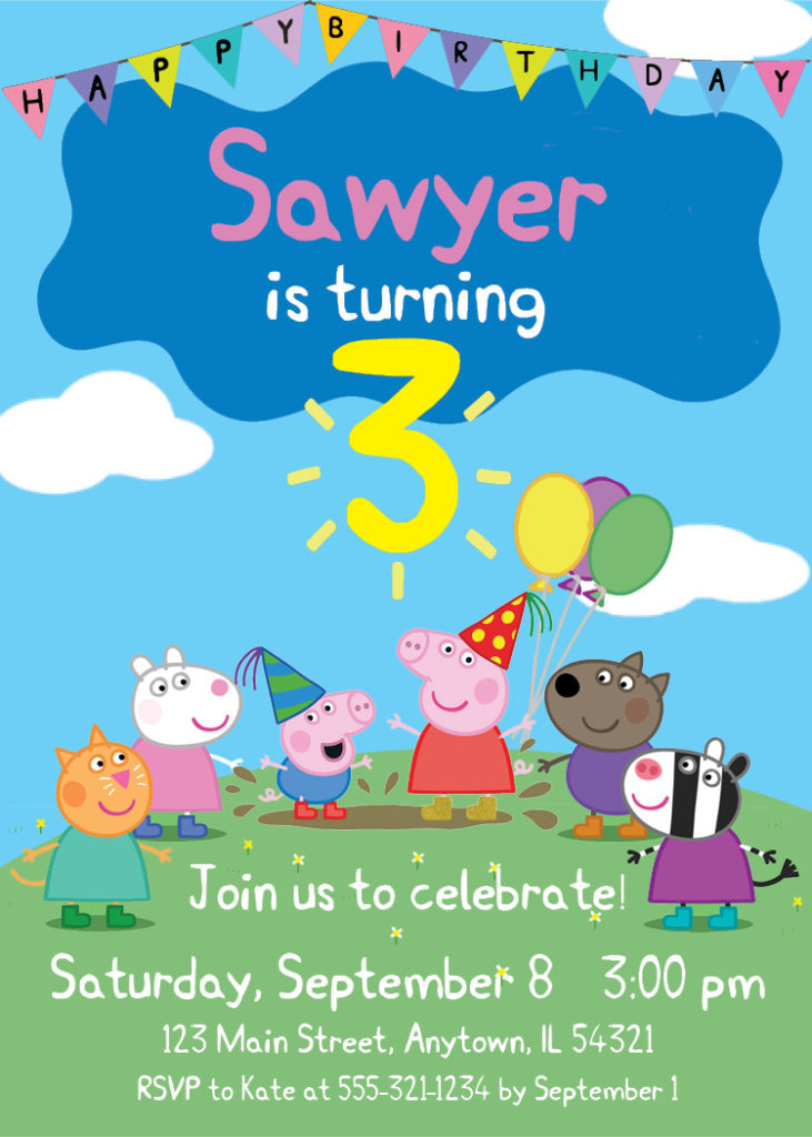 Custom Peppa Pig birthday invitation printable Peppa George and friends personalized with child's name and age