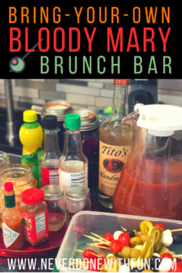 Be everyone's favorite brunch guest with this easy portable bring-your-own Bloody Mary bar with loaded skewers and best homemade Bloody Mary recipe #bloodymary #brunchcocktails #sundaybrunch