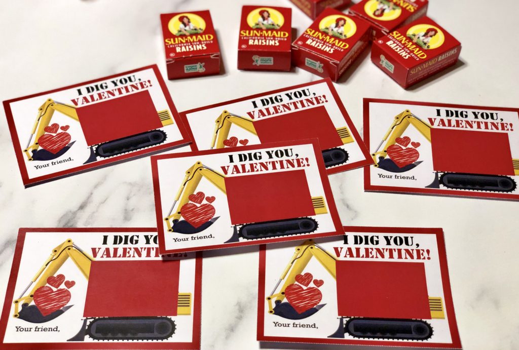 Excavator Raisin Valentine Printable for Toddlers: Easy Healthy Make-Your-Own Cards with Mini Boxes of Raisins #valentines #toddlers #crafts