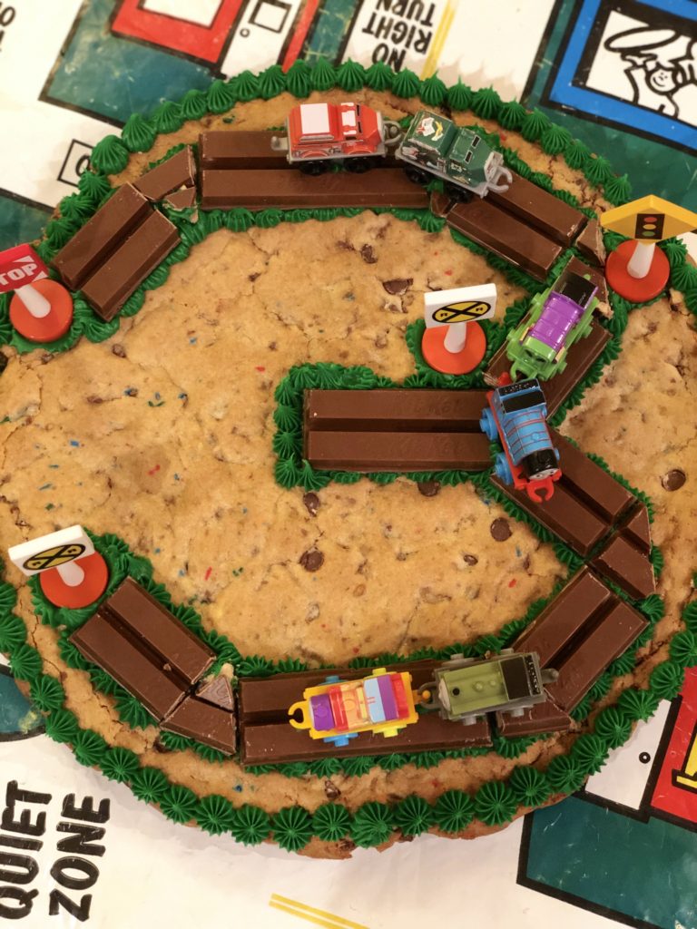 Easy Thomas and Friends Thomas Tank Engine Decorated Cookie Cake | With KitKat train tracks! | #toddlerbirthday #3rdbirthday #trainbirthday