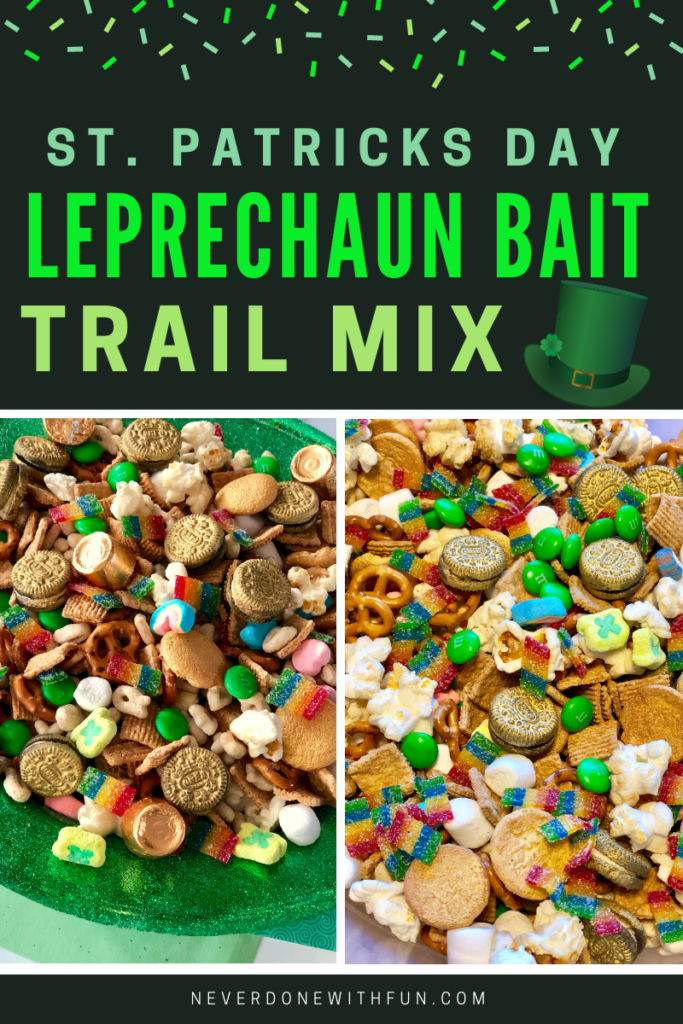 St. Patrick's Day Leprechaun Bait Trail Mix sweet and salty snack mix for kids and adults with cereal, candy, pretzels, more #stpatricksday #leprechaun #snacks #recipes #holidays