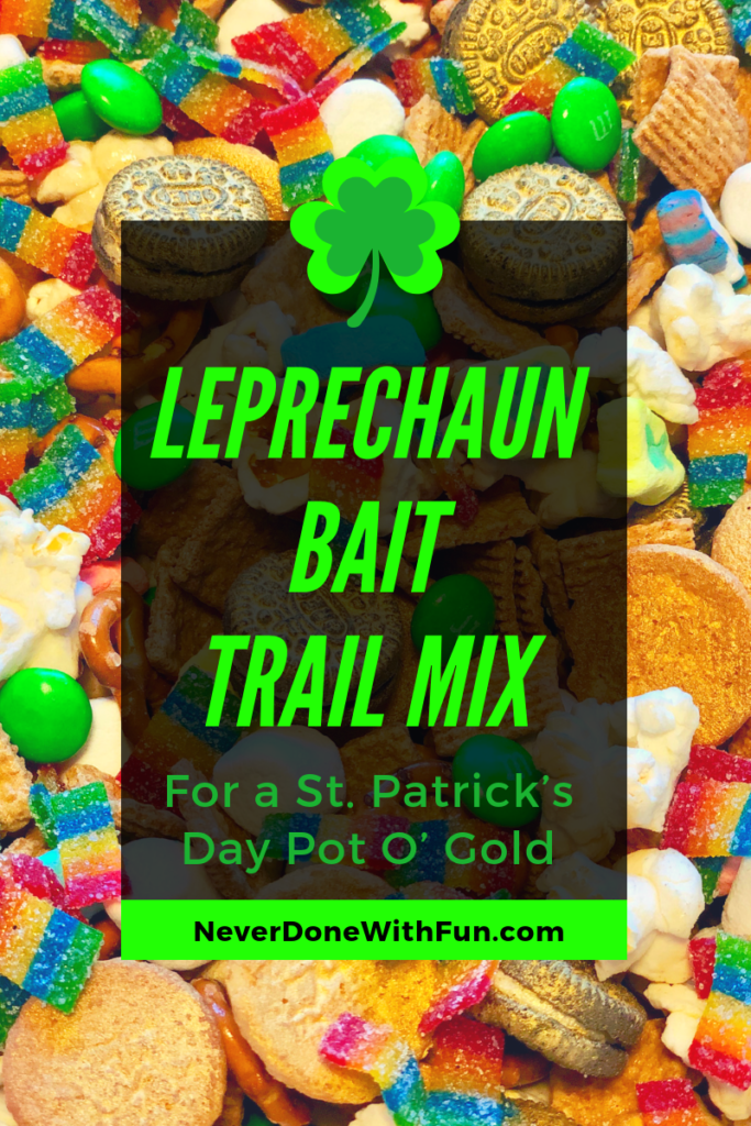 St. Patrick's Day Leprechaun Bait Trail Mix sweet and salty snack mix for kids and adults with cereal, candy, pretzels, more #stpatricksday #leprechaun #snacks #recipes #holidays