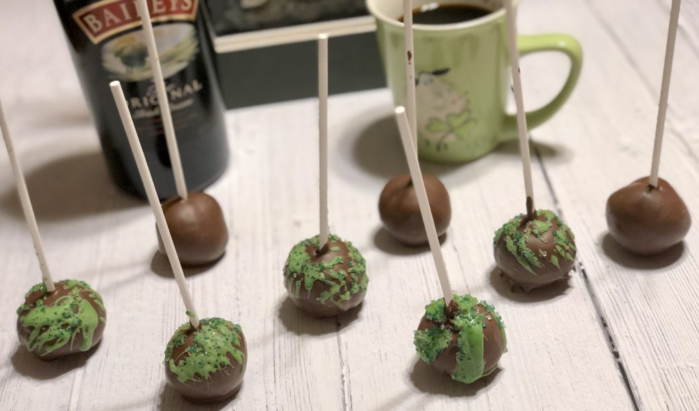 Irish Coffee Boozy Cake Pops | Chocolate Irish Whiskey Cake with Bailey's Irish Cream Buttercream Frosting | Boozy dessert treat for St. Patrick's Day revelry #stpatricksday #dessert #cakepops #baileysirishcream