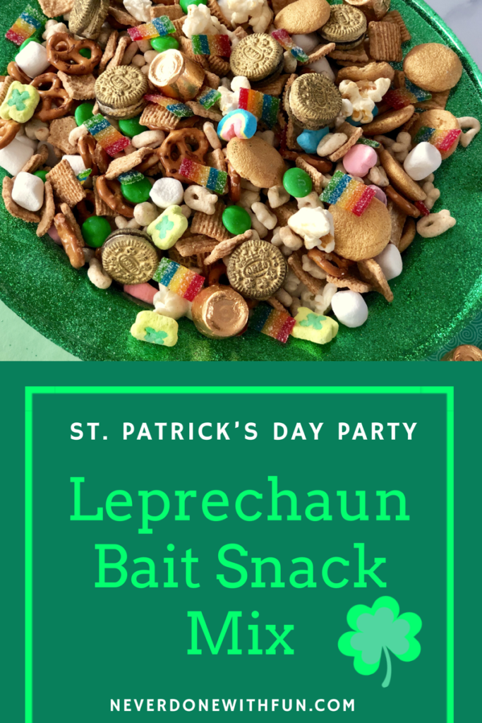 St. Patrick's Day Leprechaun Bait Trail Mix sweet and salty snack mix for kids and adults with cereal, candy, pretzels, more #stpatricksday #leprechaun #snacks #recipes #holidays