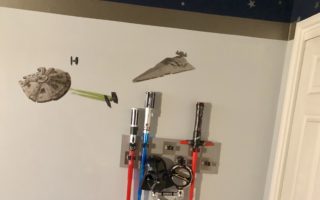 DIY Lightsaber Weapons Rack for Star Wars Boys' Kids' Bedroom Wall Decor | Tutorial to make your own wall-mounted storage rack for under $20 #starwars #lightsaber #kidsbedroom #diy