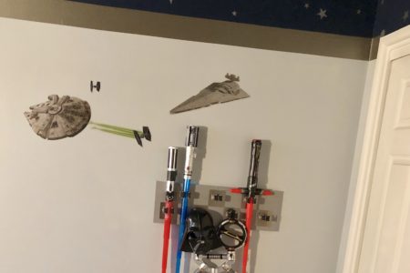 DIY Lightsaber Weapons Rack for Star Wars Boys' Kids' Bedroom Wall Decor | Tutorial to make your own wall-mounted storage rack for under $20 #starwars #lightsaber #kidsbedroom #diy