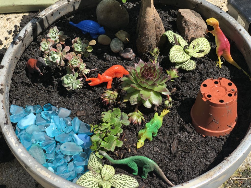 Prehistoric Dinosaur Mini Garden Tutorial | Fairy gardening container gardening gardening with kids DIY project #gardening #fairygarden #boymom