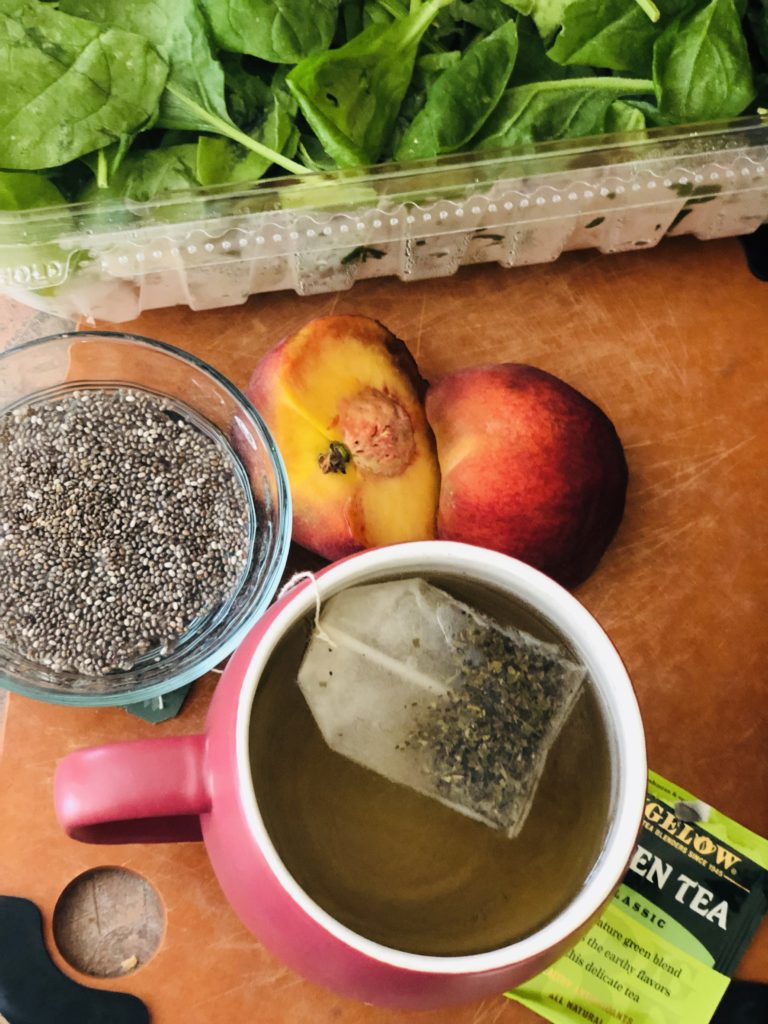 Peachy Green Energy Smoothie vegan dairy-free clean eating smoothie with green tea, peaches, chia seeds, spinach