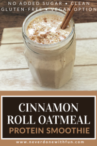 Healthy protein-packed Cinnamon Roll Oatmeal smoothie with no added sugar. Clean eating low-sugar breakfast on the go.