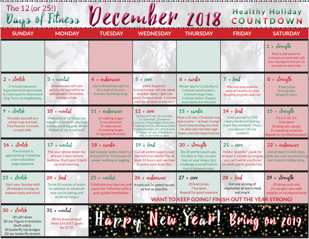 The 25 Days of Fitness: Healthy Holiday Advent Calendar Countdown with Free Printable of Easy Fitness Challenges