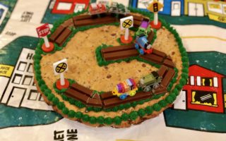 Easy Thomas and Friends Thomas Tank Engine Decorated Cookie Cake | With KitKat train tracks! | #toddlerbirthday #3rdbirthday #trainbirthday