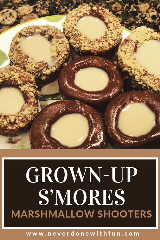 Grownup S'mores Chocolate-dipped marshmallow s'more shooters liquor-filled boozy #dessert #smores