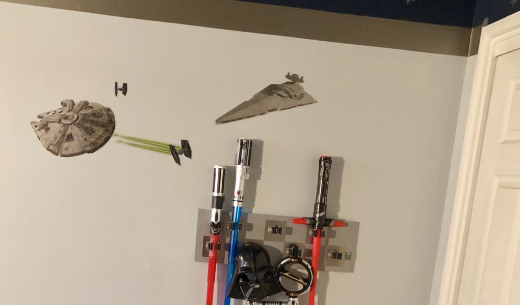 DIY Lightsaber Weapons Rack for Star Wars Boys' Kids' Bedroom Wall Decor | Tutorial to make your own wall-mounted storage rack for under $20 #starwars #lightsaber #kidsbedroom #diy