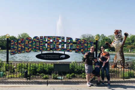 Family at Brookfield Zoo fountain LEGO sign LEGO tiger