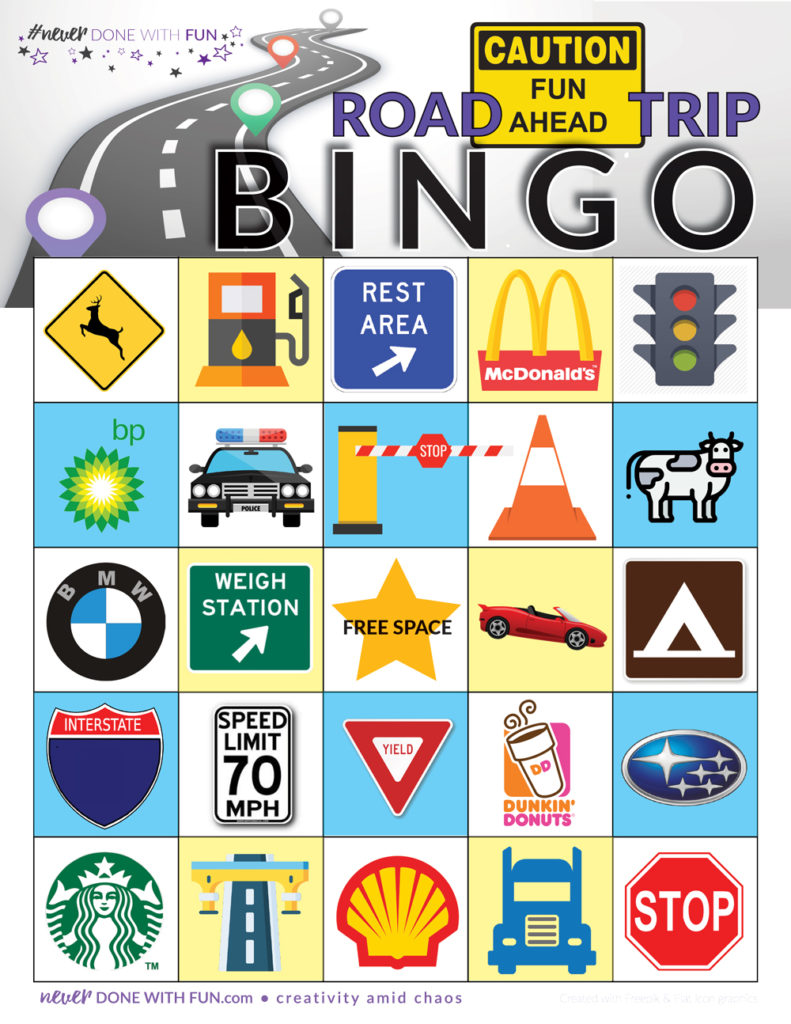 Road Trip Bingo Game Board road signs landmarks restaurants etc to spot from the car